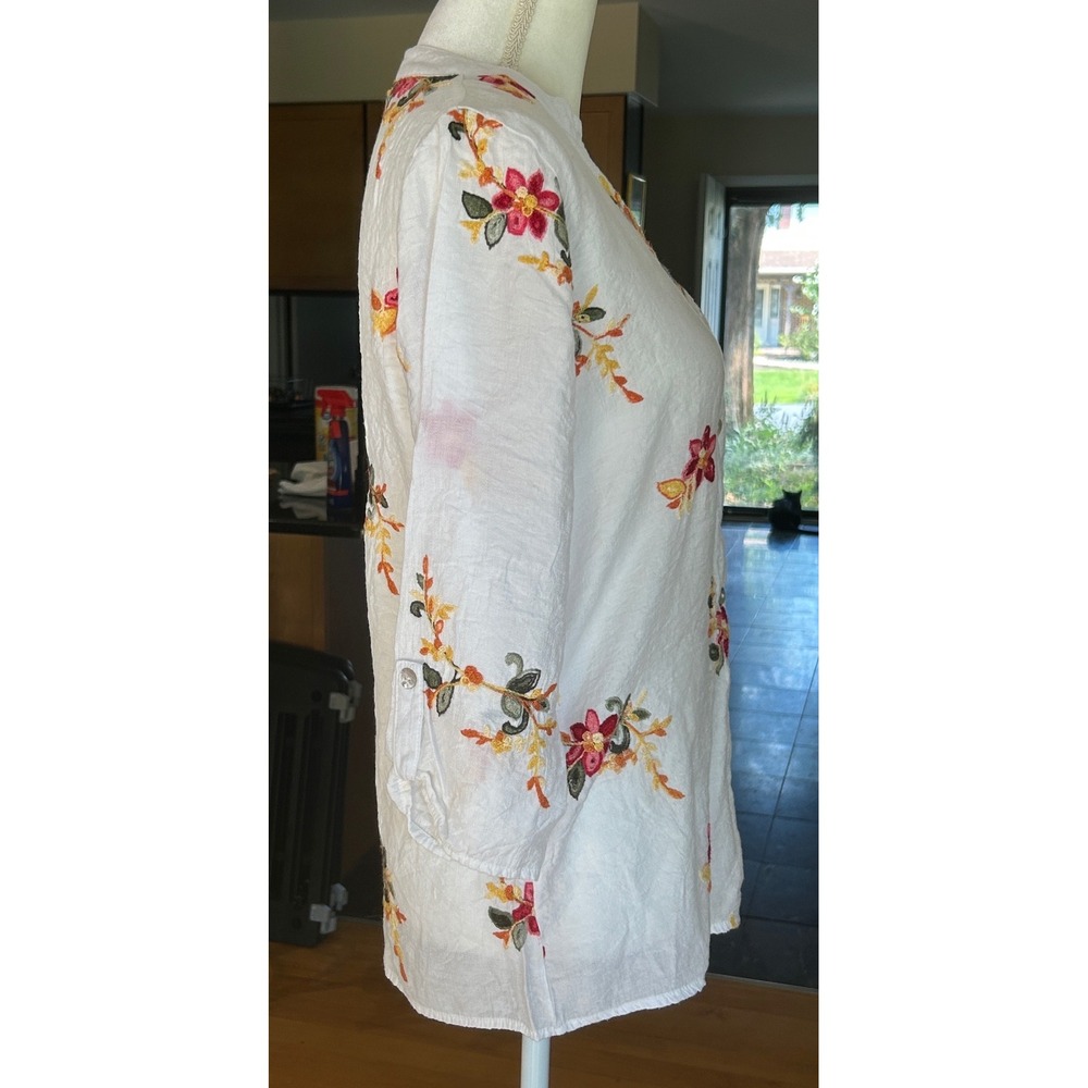 Floral Embroidered Bold Cottagecore Boho Shell Buttons M Mandarin Collar Top - Picture 4 of 12